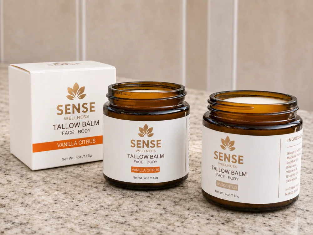 Sense Wellness beef tallow balm for face and body in Unscented and Vanilla Citrus